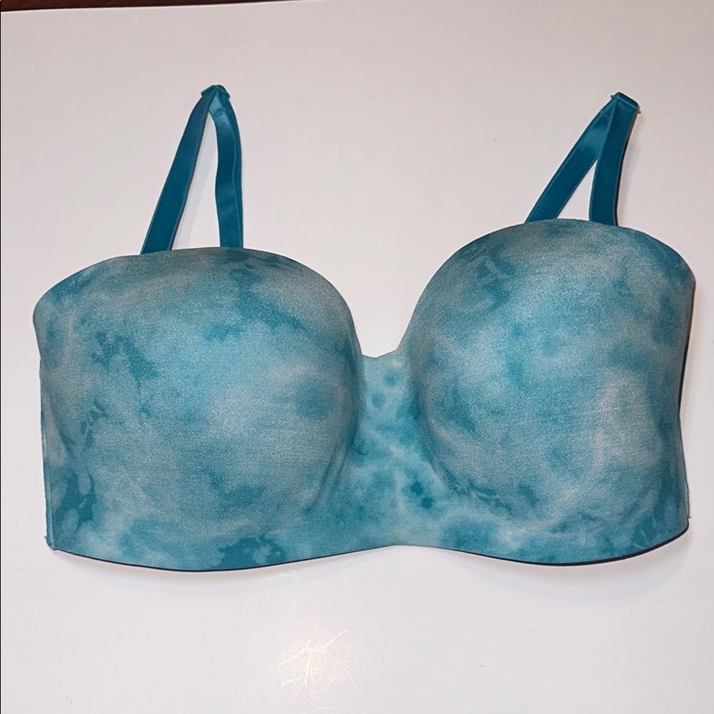 Victorias Secret PINK Bra Size Large DD Blue Tie‎ Dye Strapless